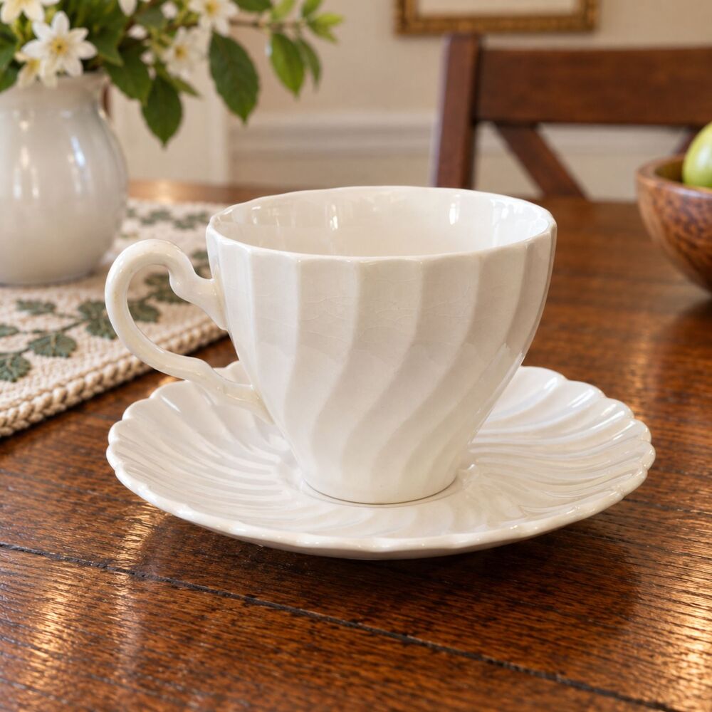 Vintage Johnson Brothers Regency White Ironstone Cup & Saucer England Swirl